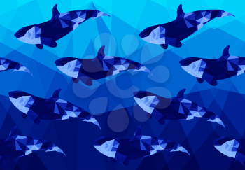 Low poly dark fish on low poly sea.Horizontal seamless pattern. Triangular underwater design. Bright blue pattern.Gradient pattern. The pattern is tiling only in horizontally.
