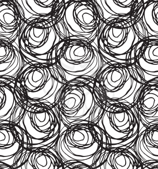 Monochrome scribbles big circles overlapping on white.Scribbled in rough ink monochrome geometrical pattern.Hand drawn with ink seamless background.Modern hipster style design.