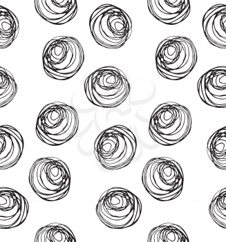Monochrome scribbles black circles.Scribbled in rough ink monochrome geometrical pattern.Hand drawn with ink seamless background.Modern hipster style design.