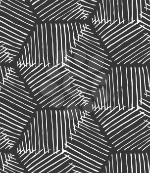 Rough inked hexagons on black.Hand drawn with ink seamless background.Hatched design. Abstract hand hatched fabric.