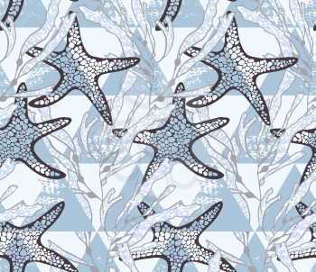 Sea star blue on triangles.Hand drawn seamless pattern. Nature textile design. Ocean fabric collection.