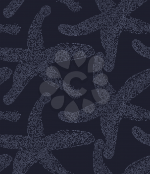 Starfish on dark blue.Sea life scribbled pattern.Hand drawn with ink seamless background.Modern hipster style design.