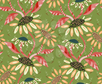 Abstract geometrical sunflower on green.Hand drawn floral seamless background.Botanical repainting design for fabric or textile.Seamless pattern with flowers.Vintage retro colors