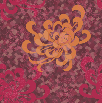 Aster flower orange and red on colored mosaic.Seamless pattern. Floral fabric collection.