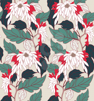Aster flowers on vine with red.Hand drawn floral seamless background.Botanical repainting design for fabric or textile.Seamless pattern with flowers.Vintage retro colors