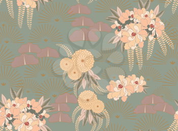 Aster yellow flower Japanese garden.Hand drawn floral seamless background.Botanical repainting design for fabric or textile.Seamless pattern with flowers.Vintage retro colors