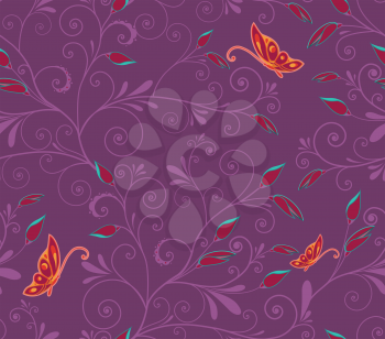 Butterflies and swirls.Hand drawn seamless background.Botanical repainting design for fabric or textile.Seamless pattern with floral elements.Vintage retro colors