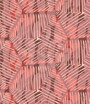 Hand hatched hexagons with pink marker brush.Hand drawn seamless background.Rough hatched pattern. Fabric design.
