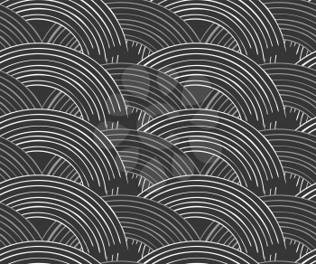 Striped arks overlapping on black.Hand drawn seamless background.Hatched pattern. Fabric design.