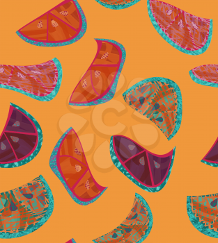 Abstract orange slices with texture on orange.Hand drawn with ink and colored with marker brush seamless background.Creative hand made brushed design.