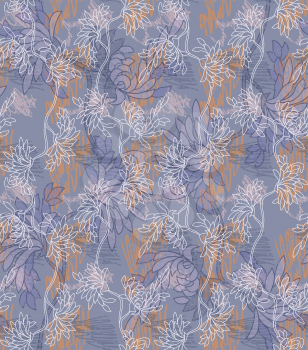 Aster flower blue with scribble.Seamless pattern.  