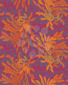 Aster flower orange and green with grids.Seamless pattern.  