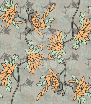 Aster flower yellow on gray with scribble.Seamless pattern.  