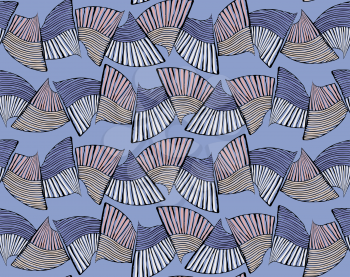 Sea shell peaces blue pink in wavy pattern.Hand drawn with ink seamless background.Creative handmade repainting design for fabric or textile.Geometric pattern made of striped trapezoids forming waves.