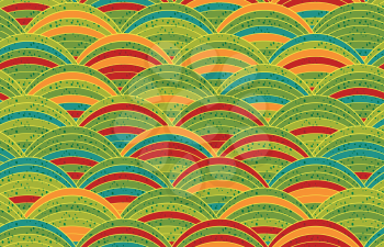 Striped arcs with green orange textured with dots.Hand drawn seamless background. Creative handmade design for fabric textile fashion. Japanese motives in vintage retro colors.