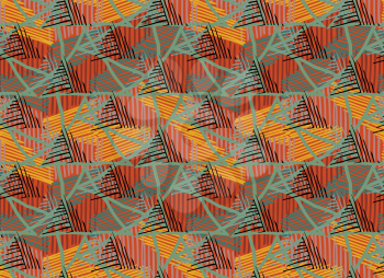 Striped triangles with green grid.Hand drawn with ink seamless background.Creative handmade repainting design for fabric or textile.Geometric pattern with triangles.Vintage retro colors