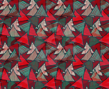 Triangles green and red striped.Hand drawn with ink seamless background.Creative handmade repainting design for fabric or textile.Geometric pattern with triangles.Vintage retro colors