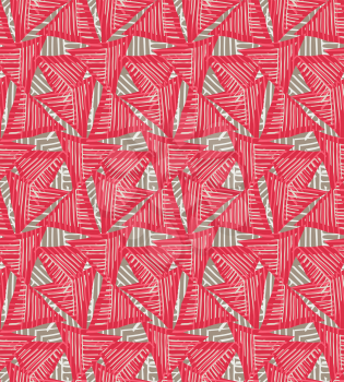 Triangles striped with red.Hand drawn with ink seamless background.Creative handmade repainting design for fabric or textile.Geometric pattern with triangles.Vintage retro colors