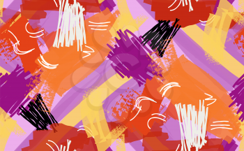 Abstract marker and ink strokes purple orange yellow.Creative abstract colorful seamless pattern. Tribal ethnic motives. Universal bright background for greeting cards, invitations. Had drawn ink and 
