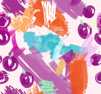 Abstract scribbles purple and orange with berries.Hand drawn with ink and marker brush seamless background.Ethnic design.