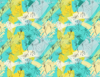 Roughly sketched dandelion flower blue yellow.Creative abstract colorful seamless pattern. Tribal ethnic motives. Universal bright background for greeting cards, invitations. Had drawn ink and marker 