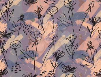 Roughly sketched dandelion flower purple gray.Creative abstract colorful seamless pattern. Tribal ethnic motives. Universal bright background for greeting cards, invitations. Had drawn ink and marker 