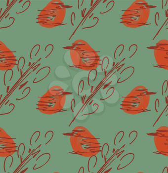 Rough sketched orange birds and tree branches.Hand drawn with ink and marker brush seamless background.Ethnic design.