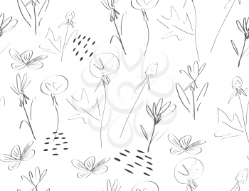 Sketched dandelion flower garden on white.Hand drawn with ink and colored with marker brush seamless background.Creative hand made brushed design.