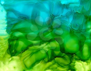 Abstract backdrop green to blue flow.Colorful painted background hand drawn with bright inks and watercolor paints. Bright color splashes and splatters create uneven artistic background.