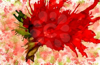Abstract big red flower on texture.Colorful background hand drawn with bright inks and watercolor paints. Color splashes and splatters create uneven artistic modern design.