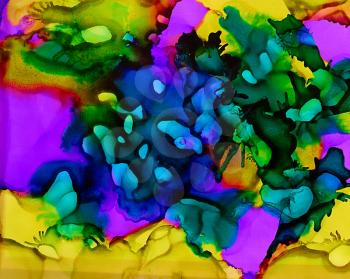 Abstract paint blue purple yellow uneven.Colorful background hand drawn with bright inks and watercolor paints. Color splashes and splatters create uneven artistic modern design.