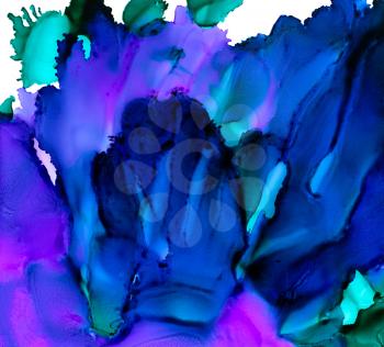 Abstract paint royal blue big flow.Colorful background hand drawn with bright inks and watercolor paints. Color splashes and splatters create uneven artistic modern design.