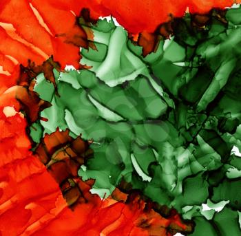 Abstract raster orange with green.Colorful background hand drawn with bright inks and watercolor paints. Color splashes and splatters create uneven artistic modern design.