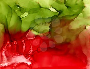 Abstract raster red and green smooth.Colorful background hand drawn with bright inks and watercolor paints. Color splashes and splatters create uneven artistic modern design.