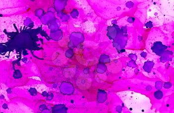 Abstract uneven purple texture with splashes.Colorful background hand drawn with bright inks and watercolor paints. Color splashes and splatters create uneven artistic modern design.