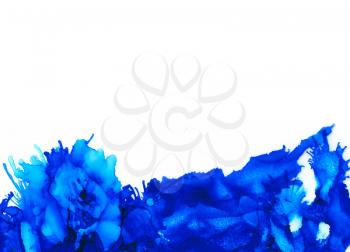 Blue splashes bottom horizontal.Abstractl background hand drawn with bright inks and watercolor paints. Color splashes and splatters create uneven artistic modern design.