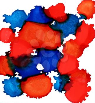 Orange blue splatters.Abstractl background hand drawn with bright inks and watercolor paints. Color splashes and splatters create uneven artistic modern design.