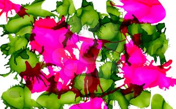 Paint spots green pink uneven on white.Colorful background hand drawn with bright inks and watercolor paints. Color splashes and splatters create uneven artistic modern design.