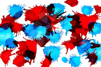Paint spots red blue uneven on white.Colorful background hand drawn with bright inks and watercolor paints. Color splashes and splatters create uneven artistic modern design.