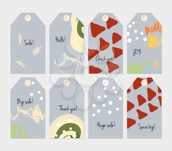 Doodles triangle dots marks light red gray tag set.Creative universal gift tags.Hand drawn textures.Ethic tribal design.Ready to print sale labels Isolated on layer.