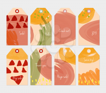 Doodles triangle dots marks orange red tag set.Creative universal gift tags.Hand drawn textures.Ethic tribal design.Ready to print sale labels Isolated on layer.