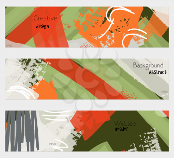 Grudge textured strokes red green banner set.Hand drawn textures creative abstract design. Website header social media advertisement sale brochure templates. Isolated on layer