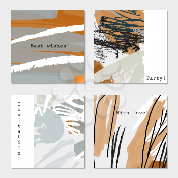 Grunge texture rough strokes brown white black.Hand drawn creative invitation greeting cards. Poster, placard, flayer, design templates. Anniversary, Birthday, wedding, party cards set of 4. Isolated on layer.