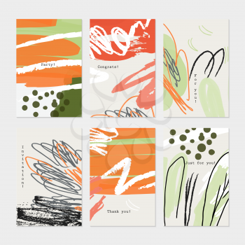 Rough textured strokes floral sketch light gray with orange.Hand drawn creative invitation greeting cards. Poster, placard, flayer, design templates. Anniversary, Birthday, wedding, party cards set of 6. Isolated on layer.