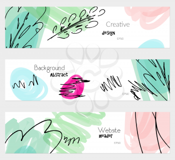 Sketched bird and trees pink green banner set.Hand drawn textures creative abstract design. Website header social media advertisement sale brochure templates. Isolated on layer
