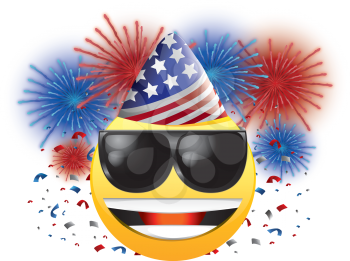 Royalty Free Clipart Image of a Celebrating American Happy Face With Fireworks