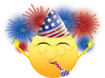 Royalty Free Clipart Image of a Celebrating American Happy Face With Fireworks