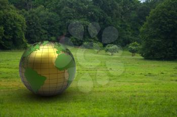 3d metal globe in a prairie