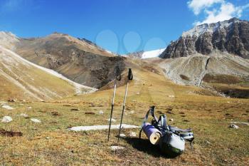 Royalty Free Photo of a Backpack in the Mountains