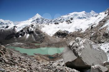Royalty Free Photo of a Green Lake and Mountains in the Cordilleras